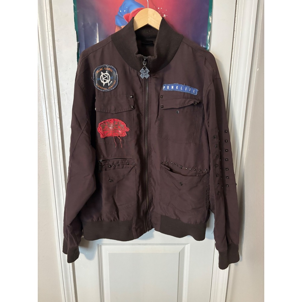 Blac Label Premium Product Mens Brown Punk Studded Patch Bomber Jacket XL